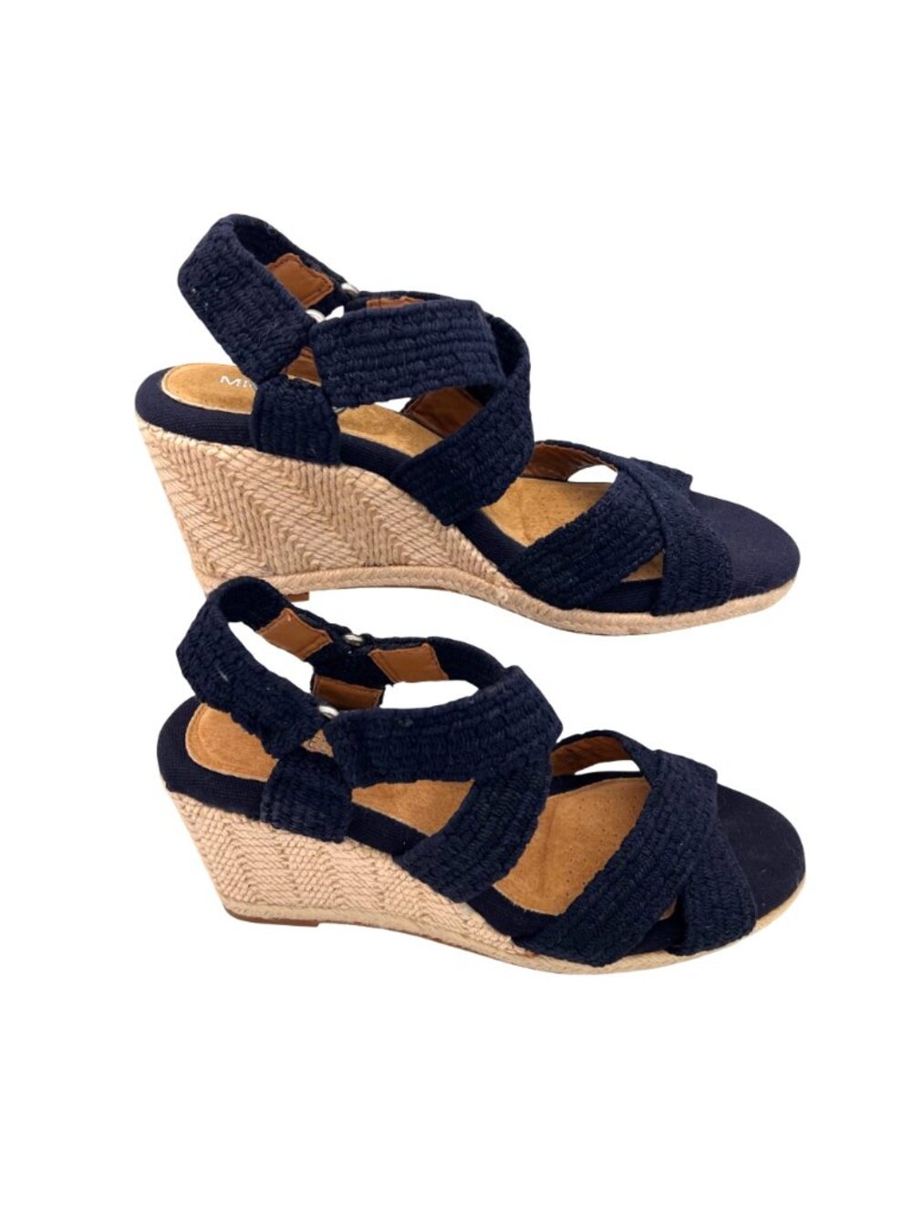 Michelle D Navy Wedge Sandals 8.5M Braided Fabric Straps & Jute Espadrille Heel - Picture 2 of 13
